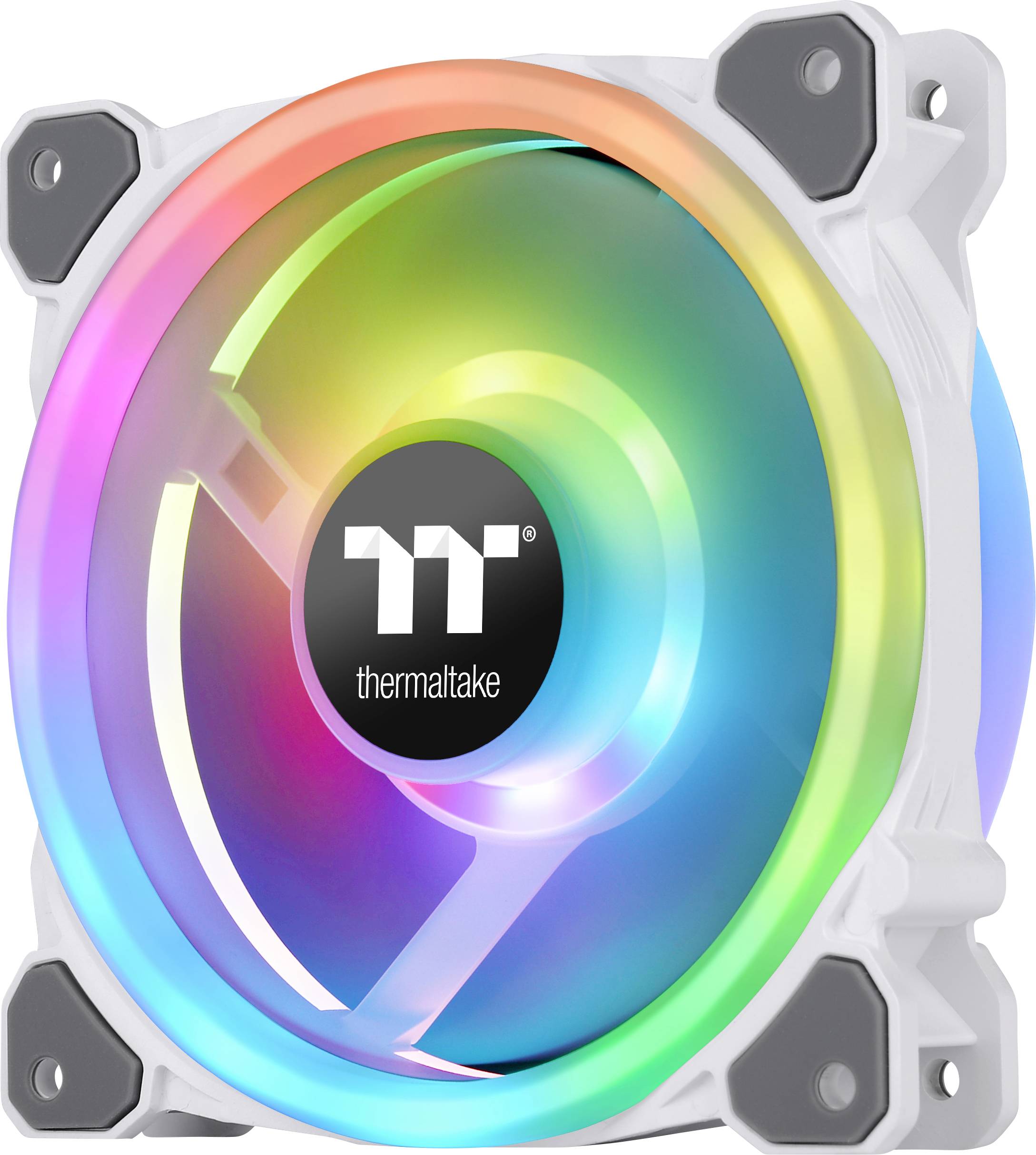 A PC case fan with white frames and multi-coloured LED lighting. The manufacturer's logo is located in the centre.
