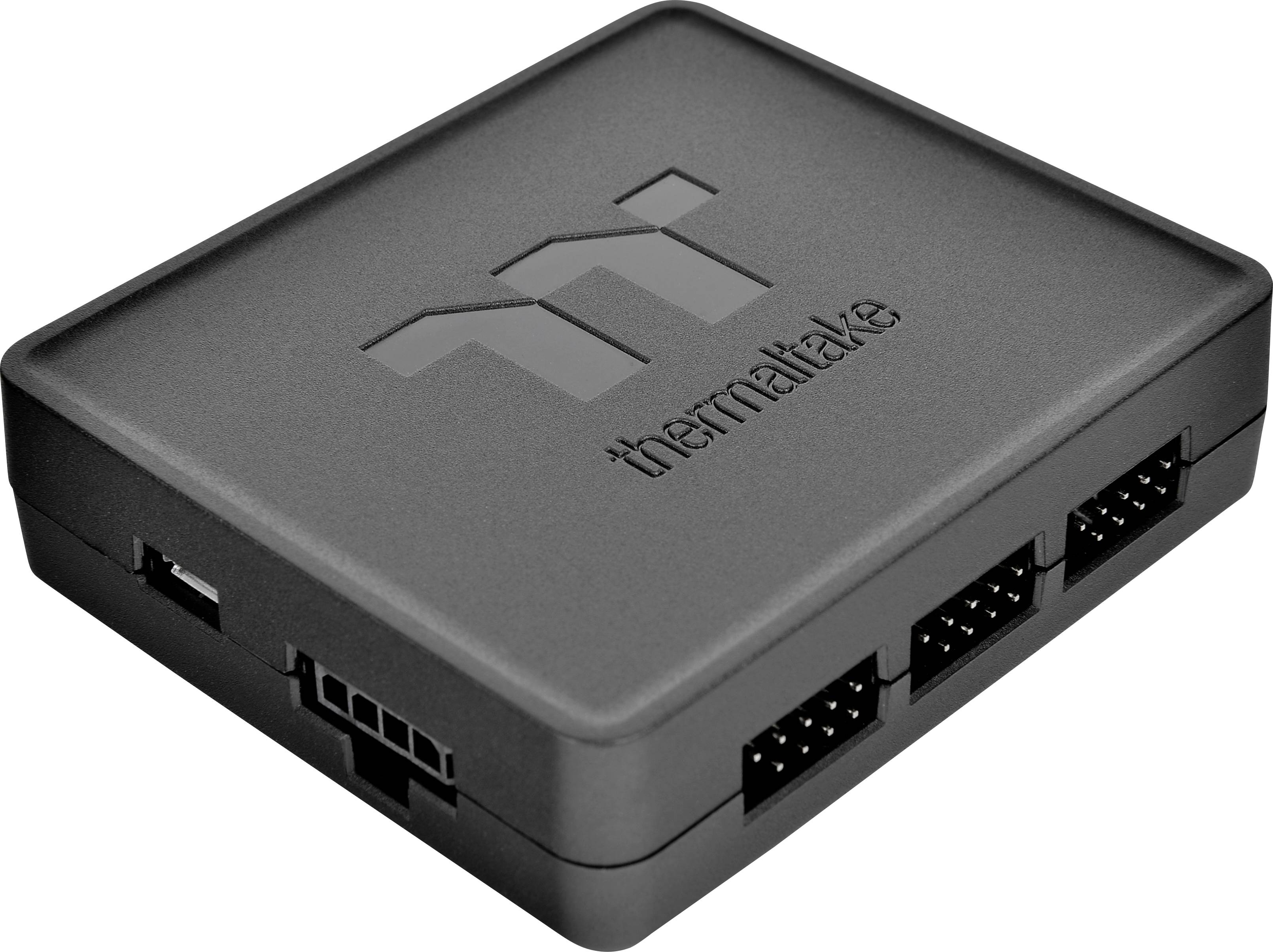 Black, rectangular Thermaltake control unit with multiple ports on the side, used for PC fan management.