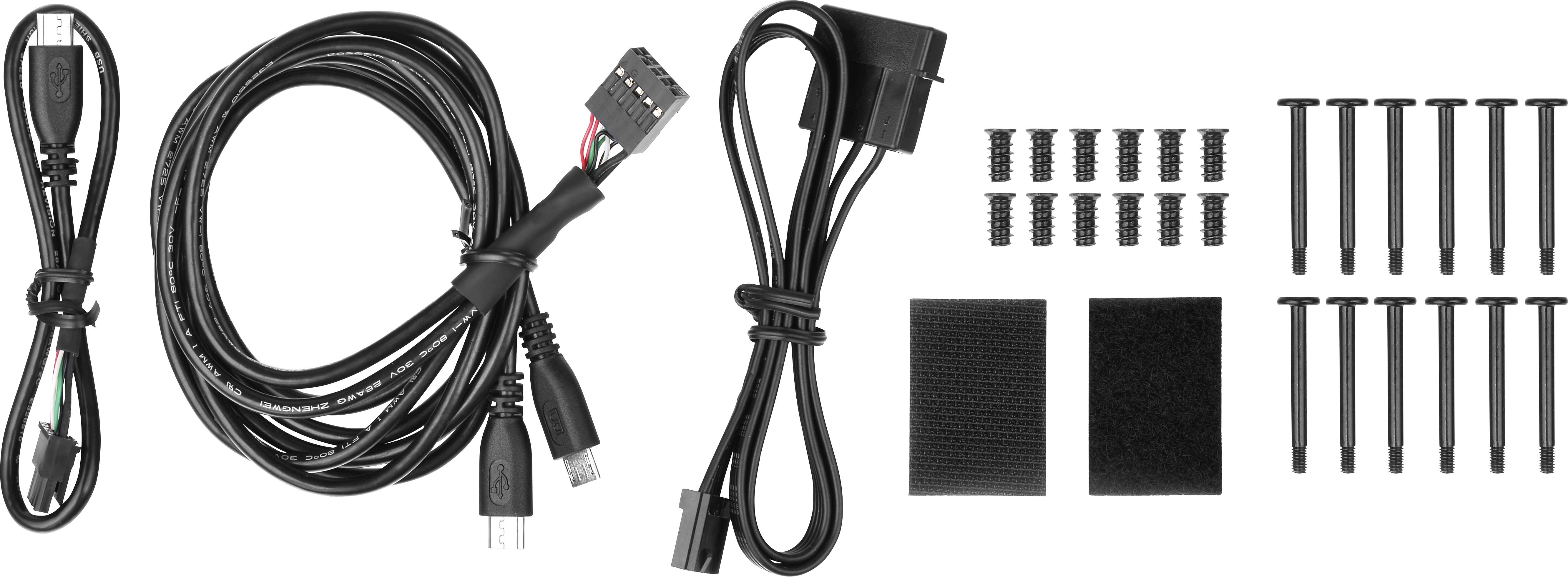 Cable set with USB and plug connections, screws, and hook-and-loop pads, for electronic mounting and connection.