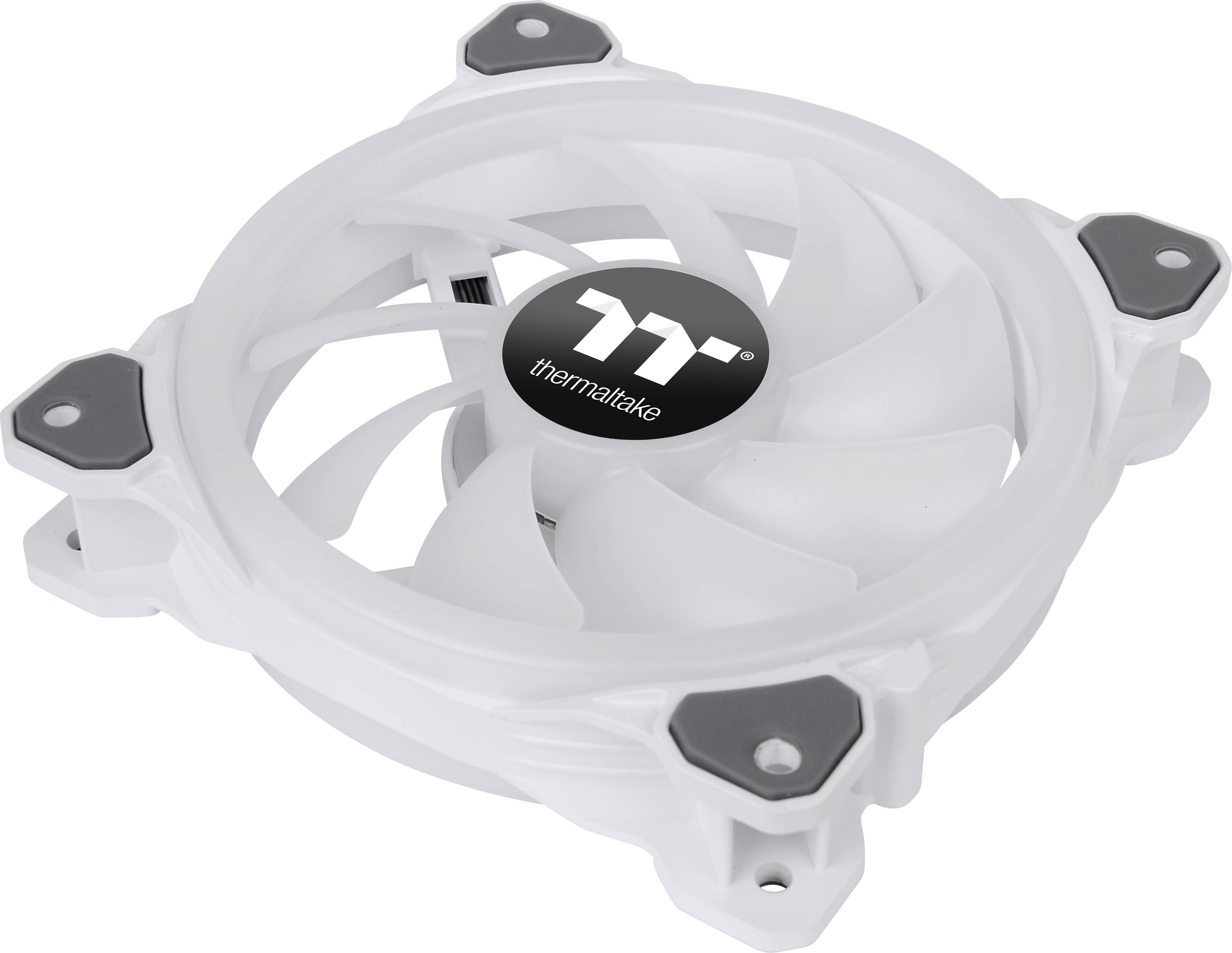 A white Thermaltake computer cooler with black accents, suitable for use in computers to provide effective cooling.