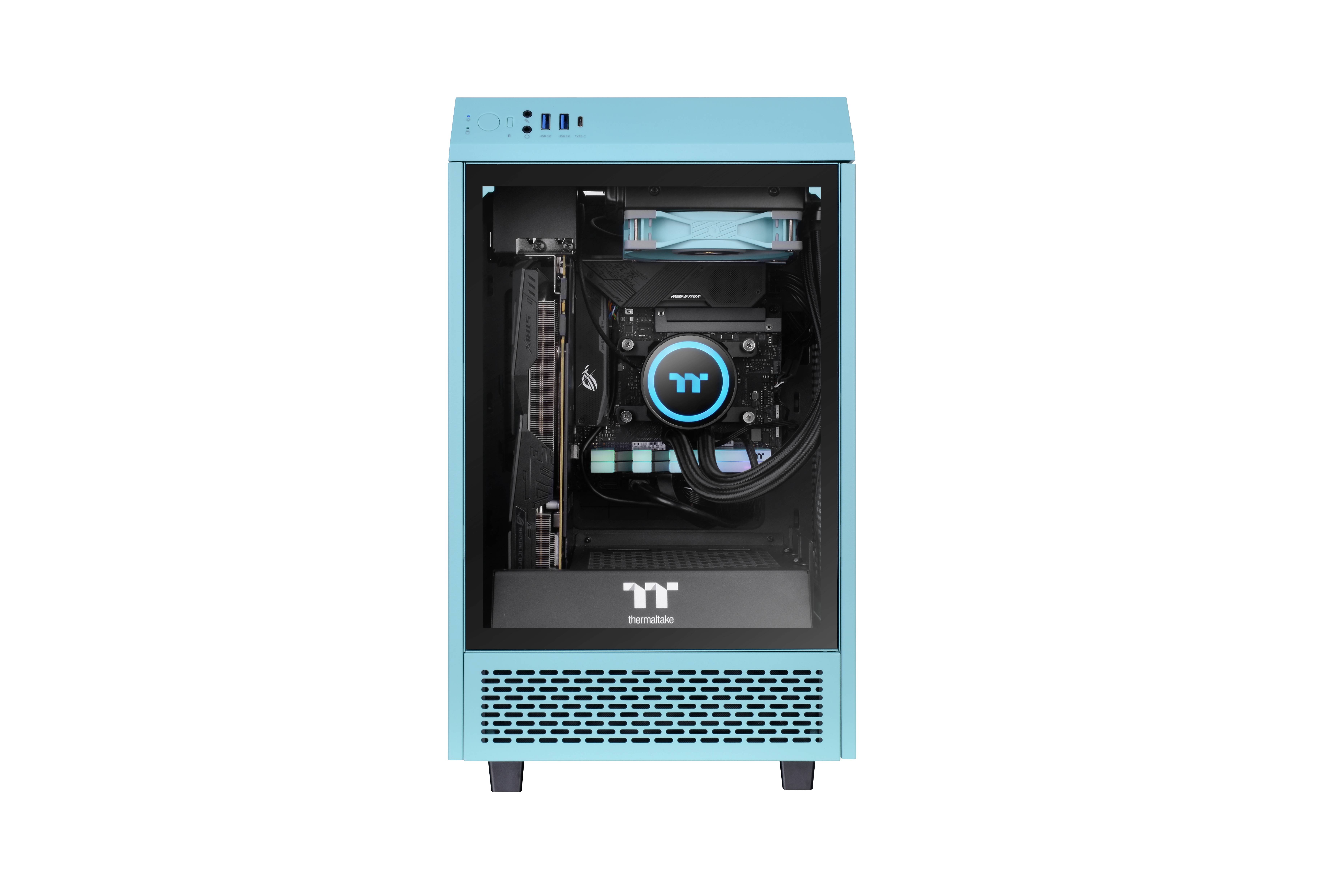 A blue computer chassis with visible internal components, including a water cooling system featuring the Thermaltake logo.