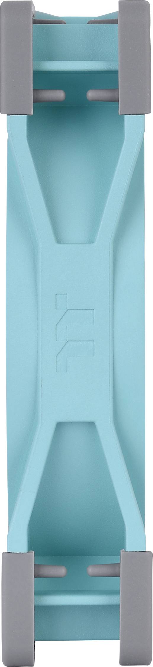 A turquoise plastic coat hanger with grey end caps, commonly used for hanging clothing.