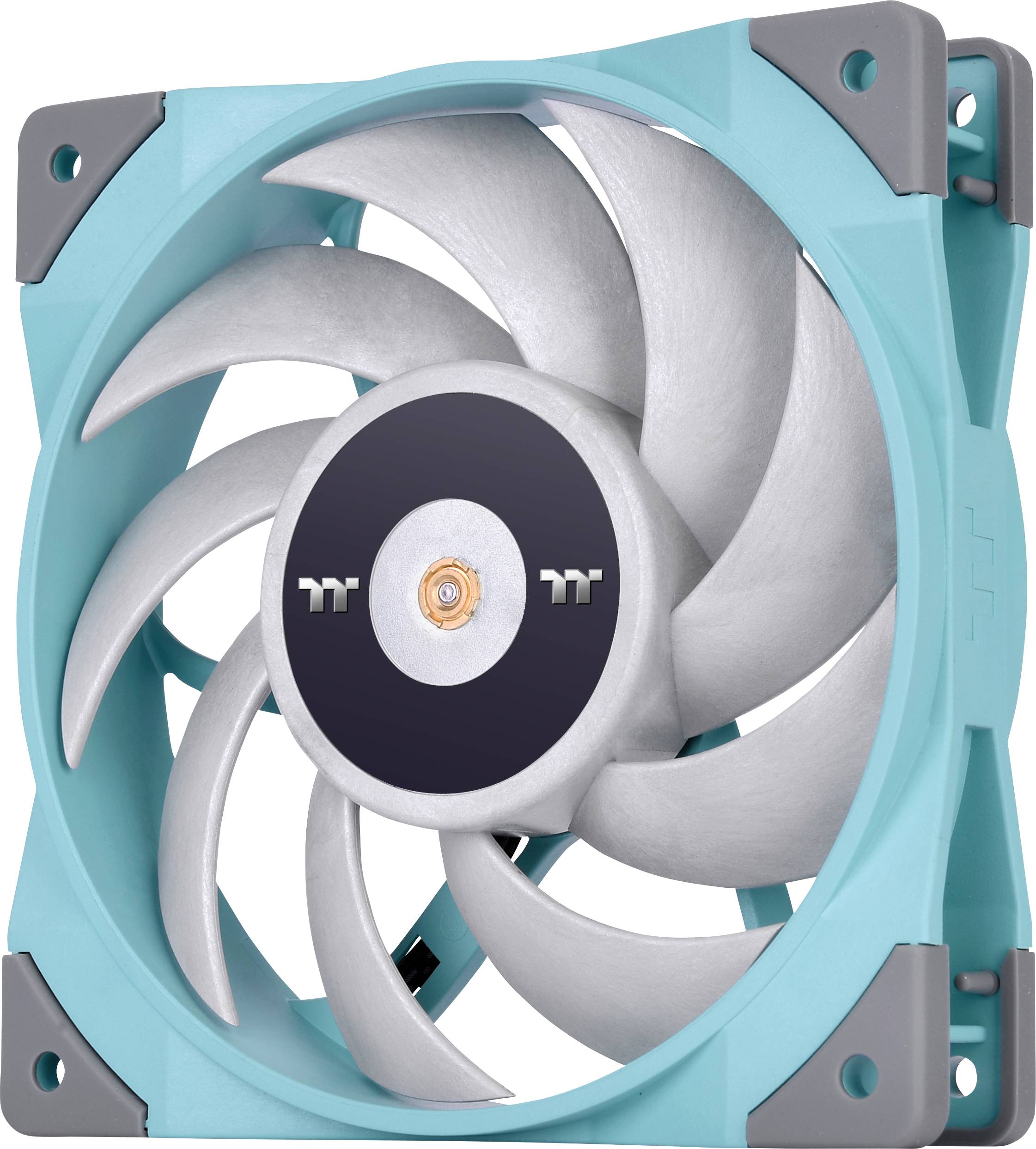 A turquoise computer fan with grey blades and corners, pictured head-on.