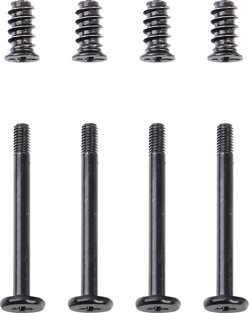 Four short and four long black screws arranged in two rows. Short screws on top, long screws on the bottom.