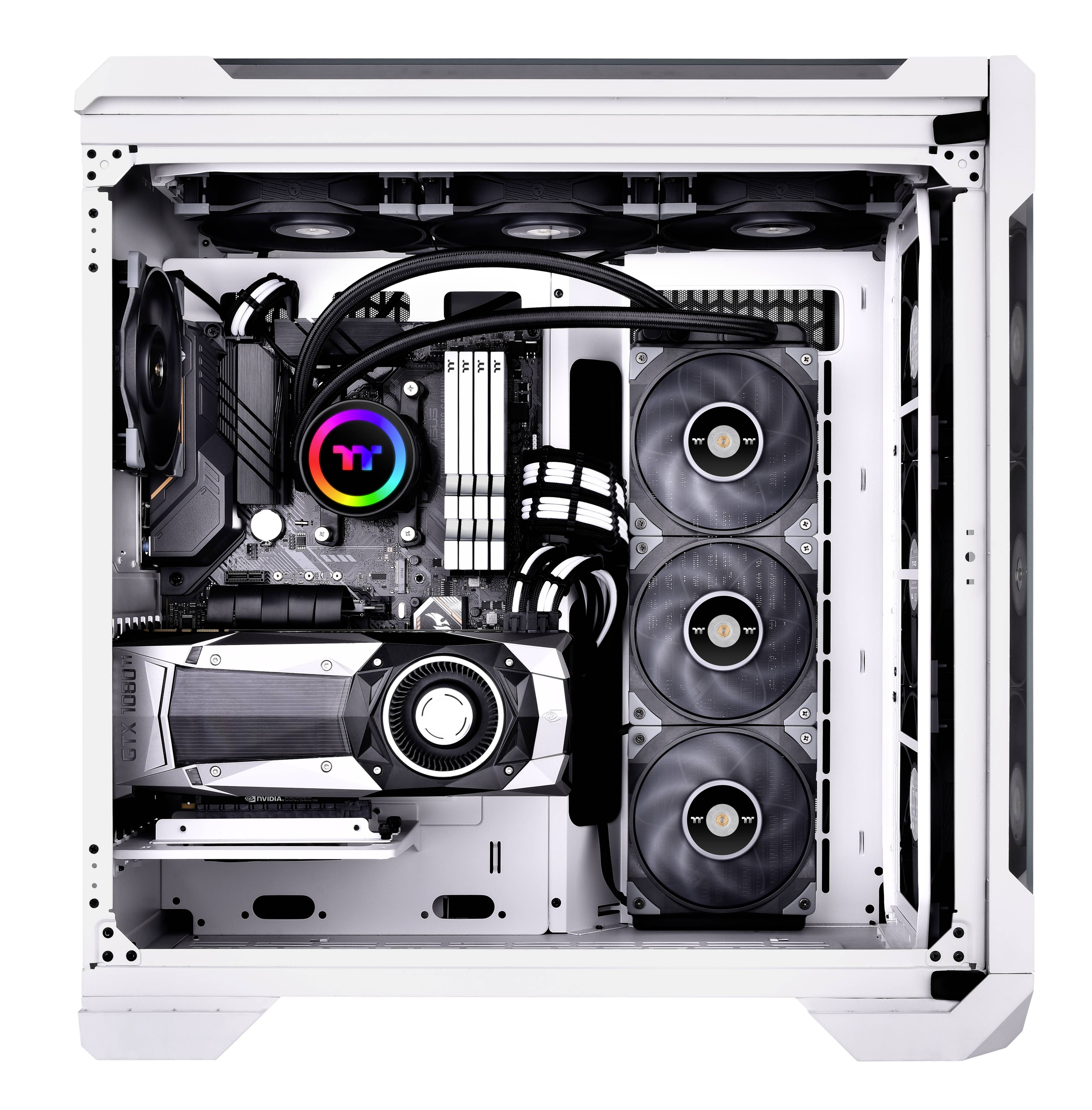 An open white computer with visible components such as graphics cards, fans, and RGB lighting inside.