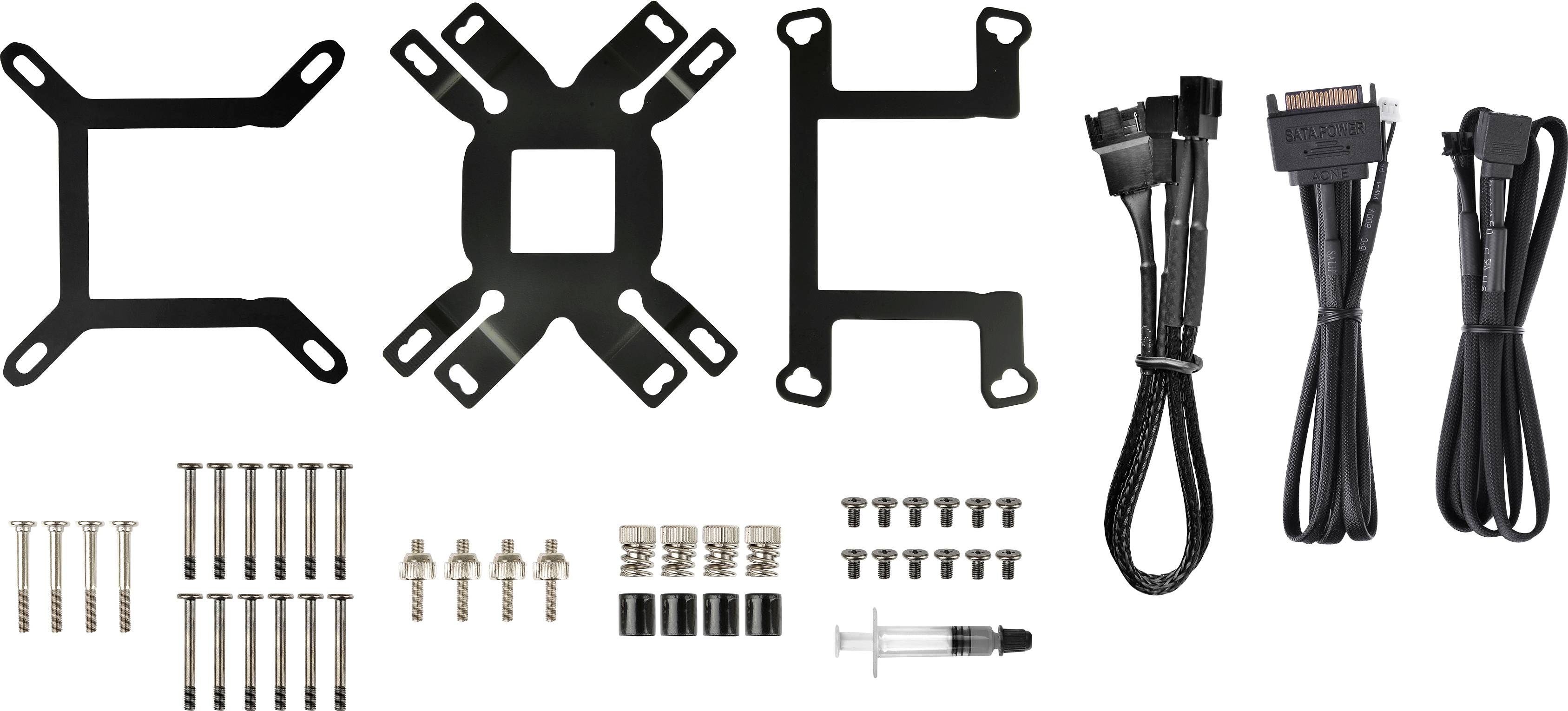 Several radiator assembly kits with screws and cables, including thermal paste. Components for processor installation.