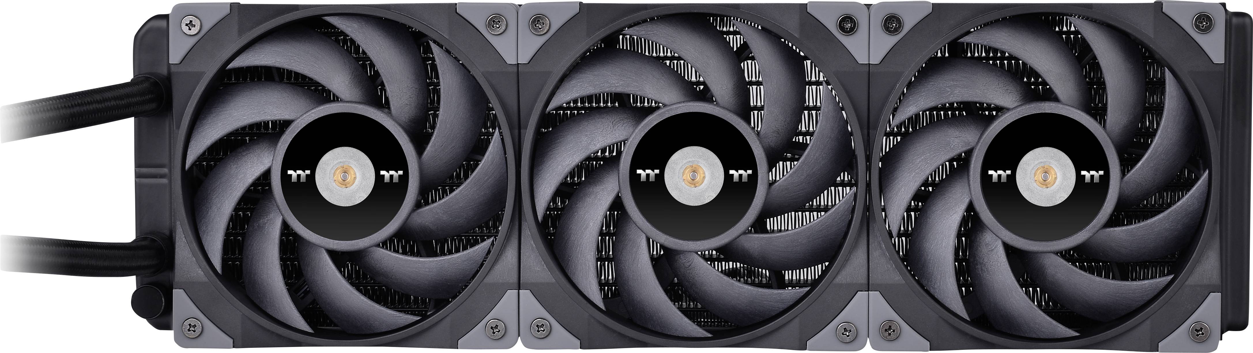 A black high-performance cooler with three fans in a horizontal layout, suitable for high-powered computer applications.