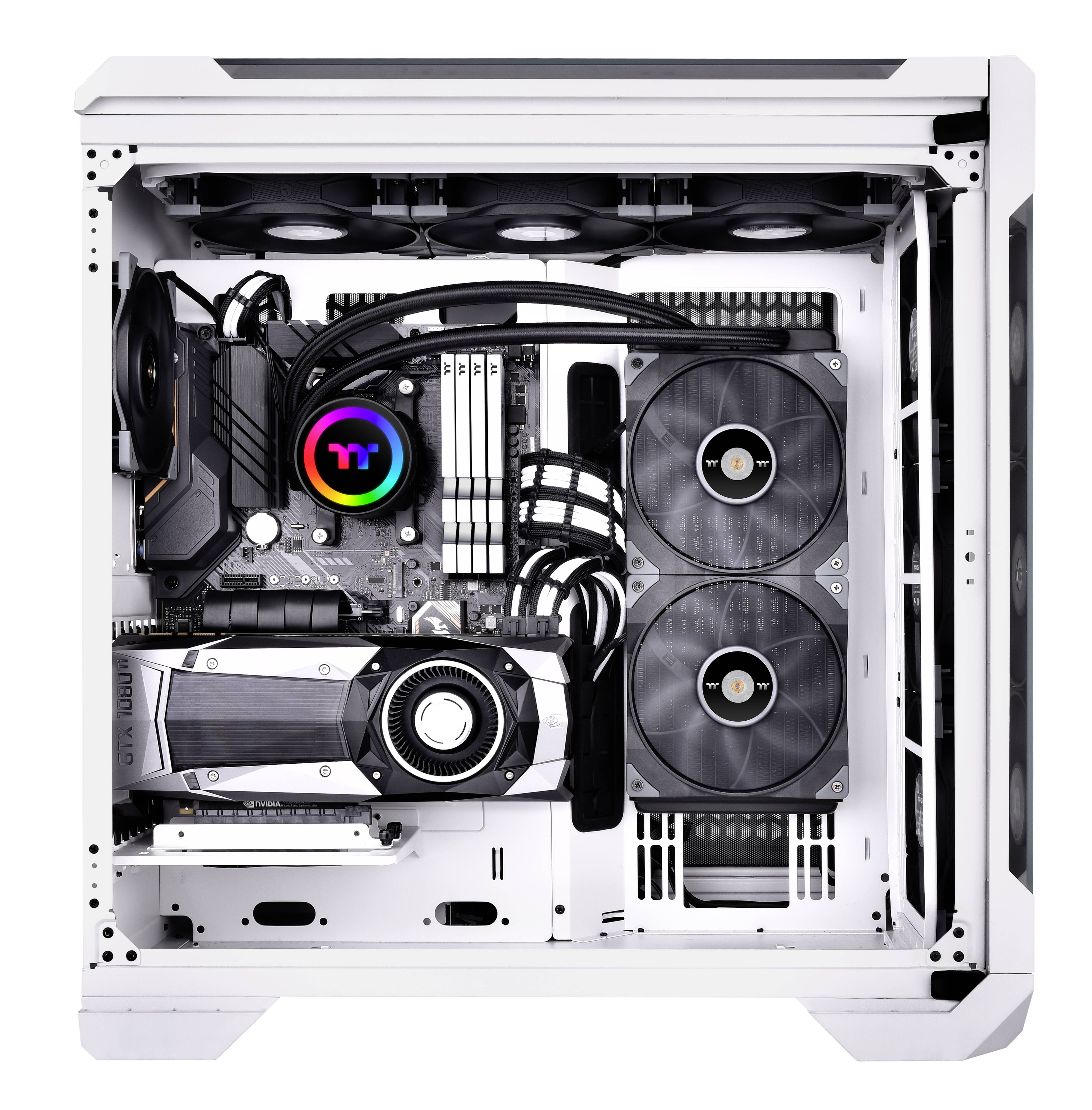 An open computer with visible components: graphics card, cooler with fans, motherboard, and cables. Everything in a white case.
