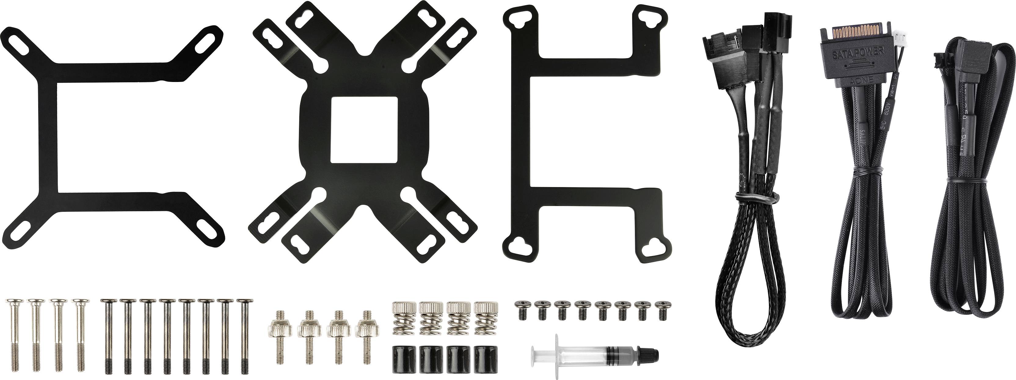 A computer assembly kit with screws, brackets, cables, and thermal paste. Ideal for CPU cooler installation.