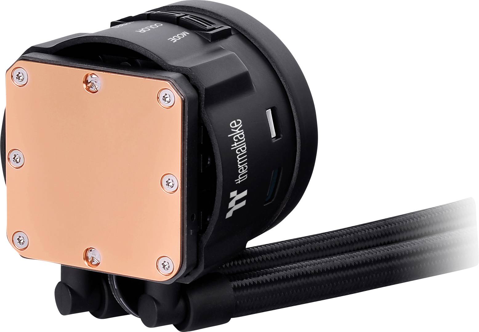 A thermal computer water cooling pump with a copper base view. The 'Thermaltake' brand logo visible on the side.