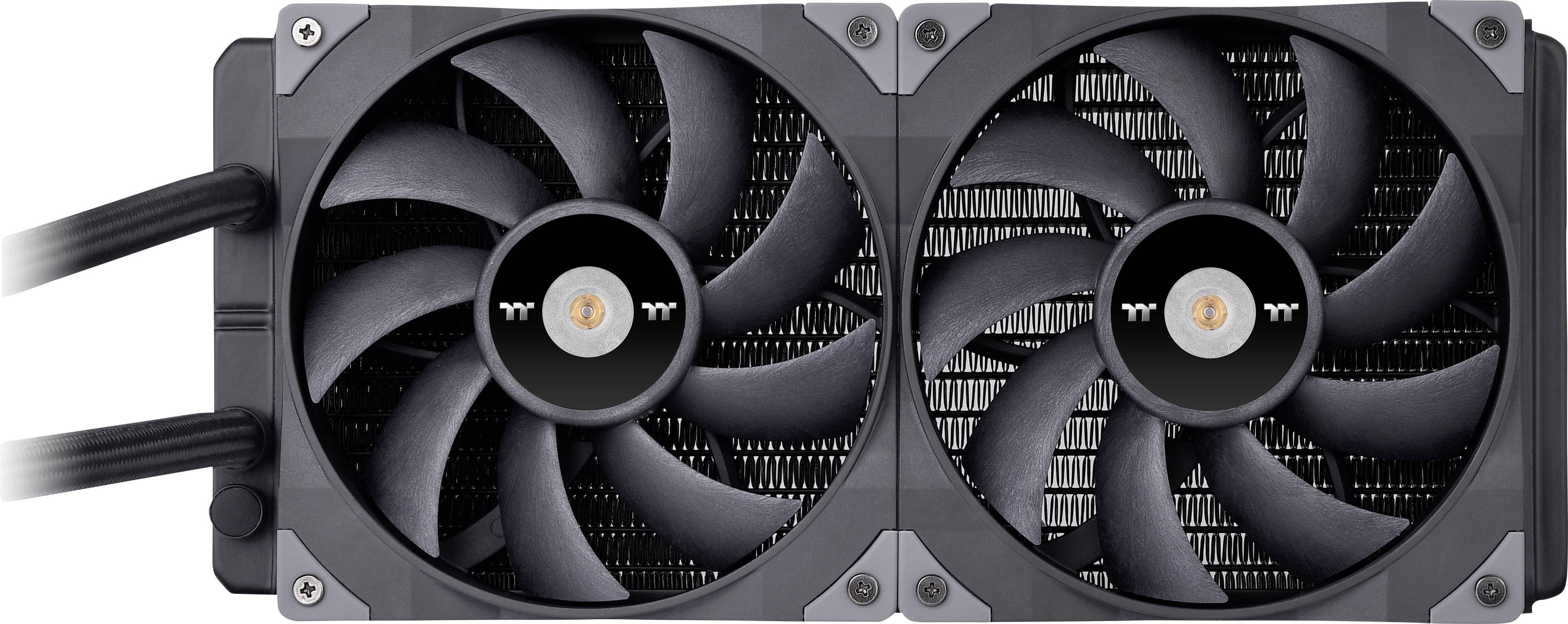 Two fans on a computer liquid cooling system, with black blades and a metal grille in the background.