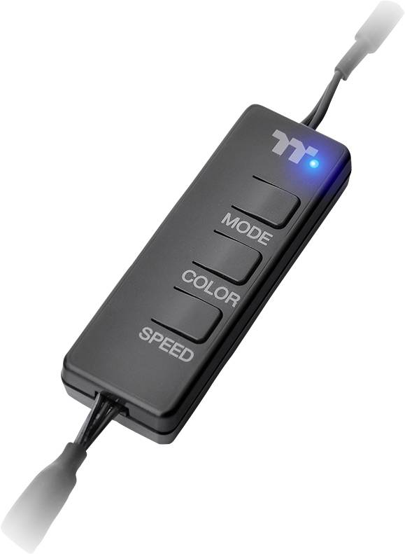 Black and grey remote control with blue light and four buttons: 'Mode', 'Colour', 'Speed'. Cables connected at both ends.