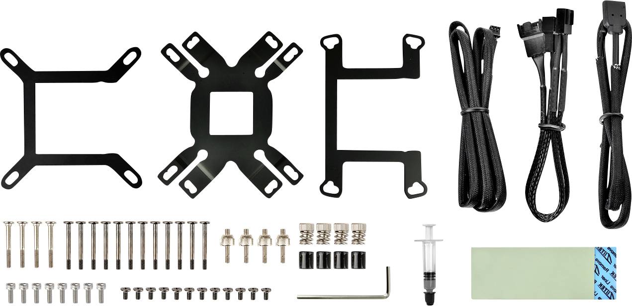 Various computer assembly parts and cables are arranged on a white background, including screws, brackets, cables, and thermal paste.