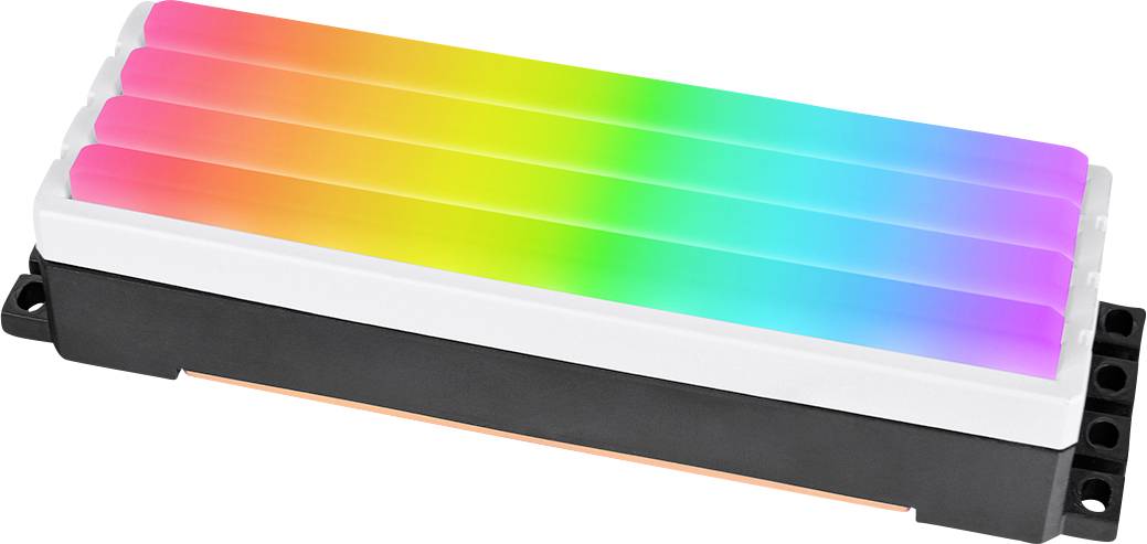 A rectangular LED light with seven coloured segments ranging from red to blue in a black casing.