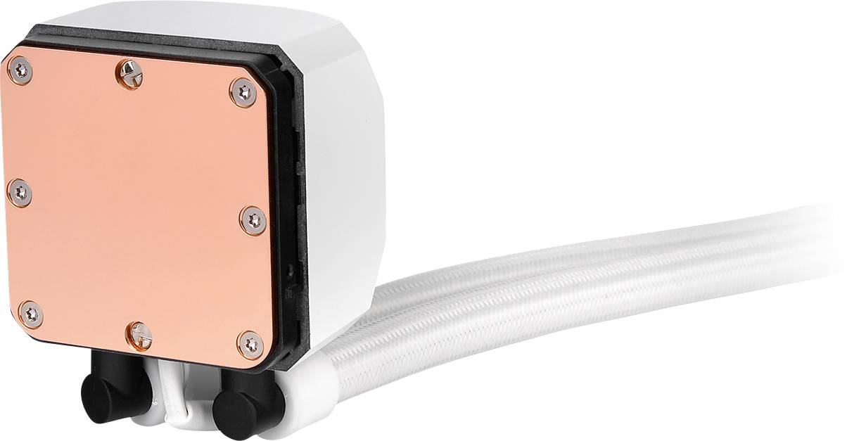 Liquid cooling block with copper base and two tubes in white, used for cooling computer processors.