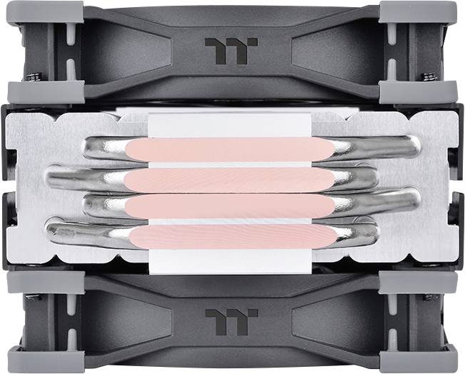 Cooler with a grey casing, silver heat pipes, and thermal pads. Brand logo visible at the top and bottom.