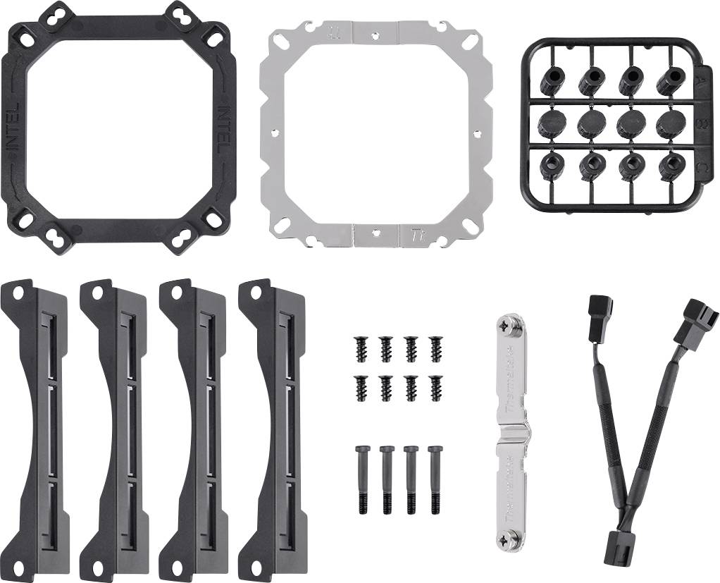 Mounting kit for CPU cooler with various brackets, screws, tension arms and mounting plate, for attachment to motherboards.