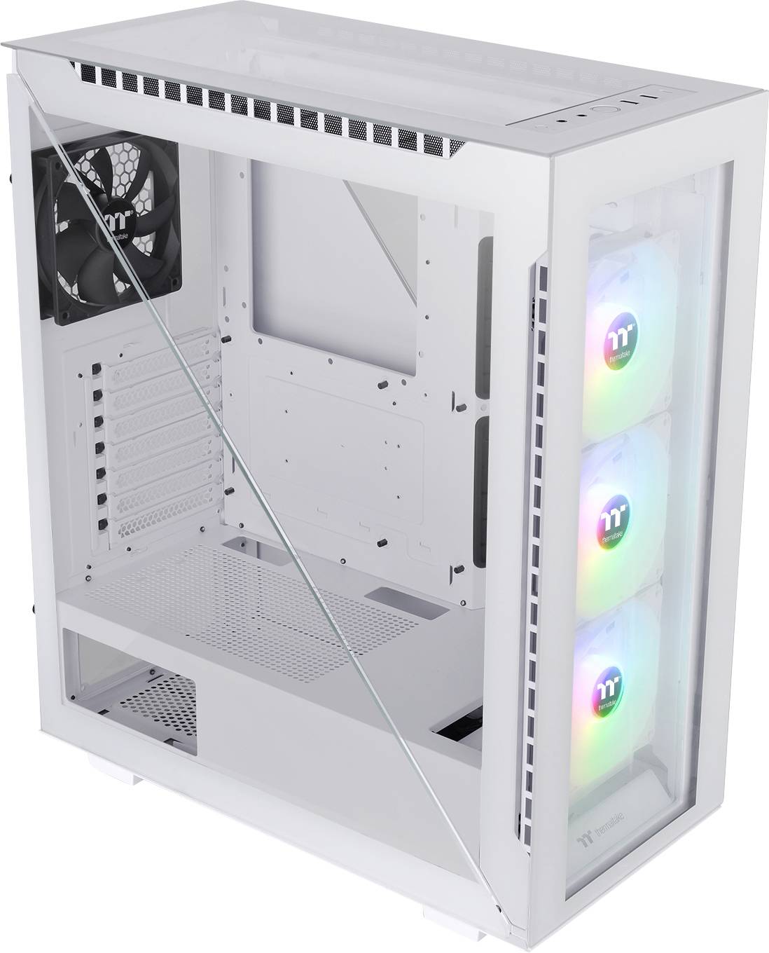 White PC case with three illuminated fans at the front and one at the back, glass side panel, open and without components.