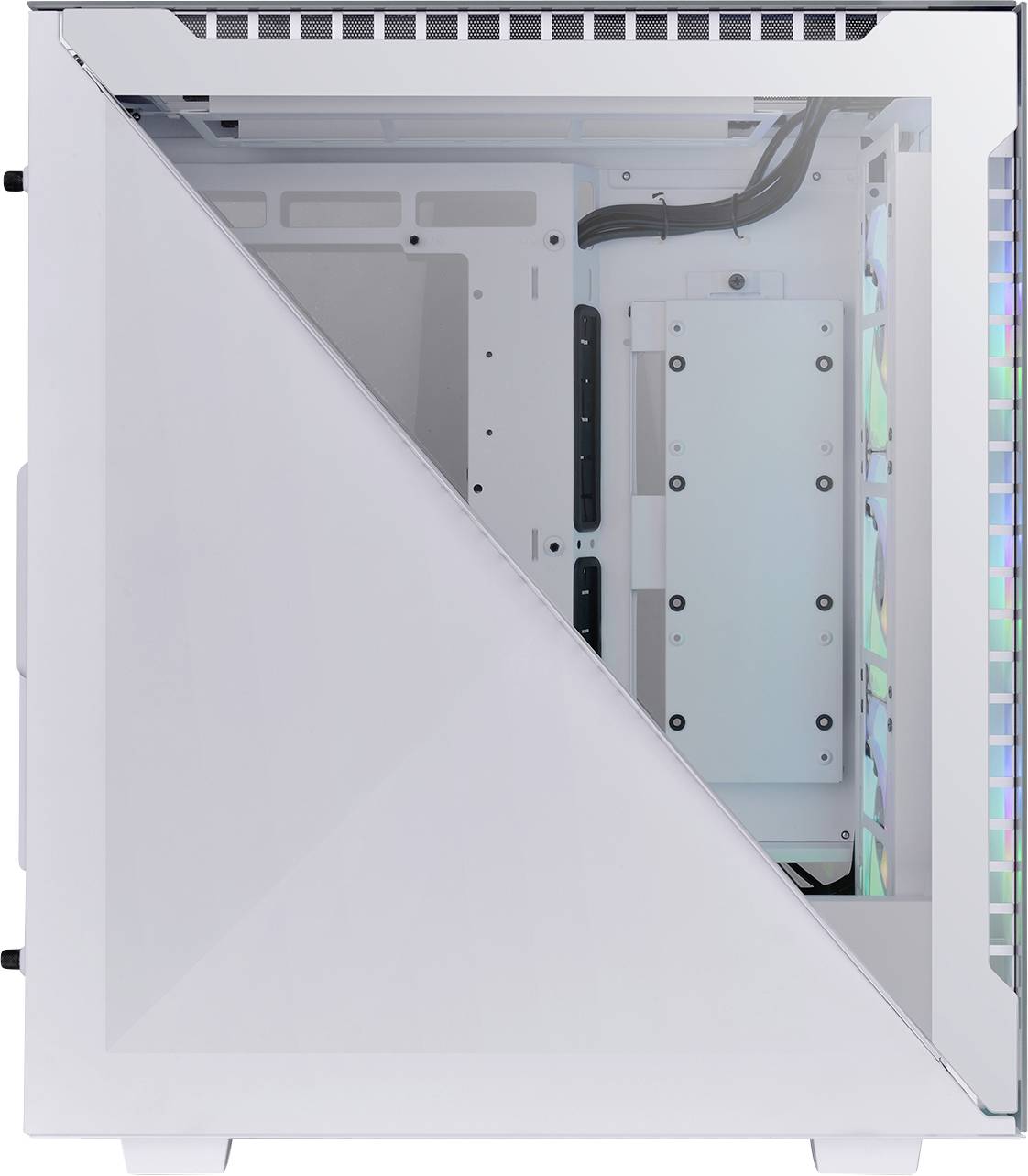 A white computer case with a transparent side panel, open to view the interior. Cables and mounting brackets visible, no components installed.
