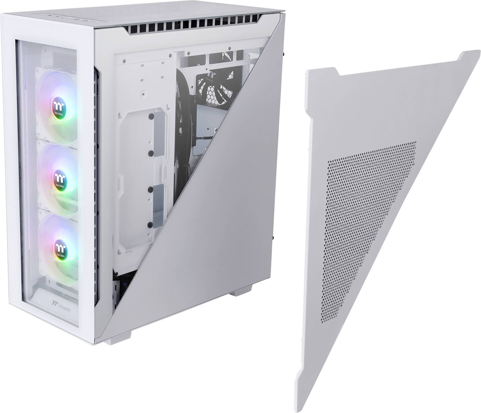 An opened white PC case with the side panel removed, revealing three visible fans with RGB lighting at the front.