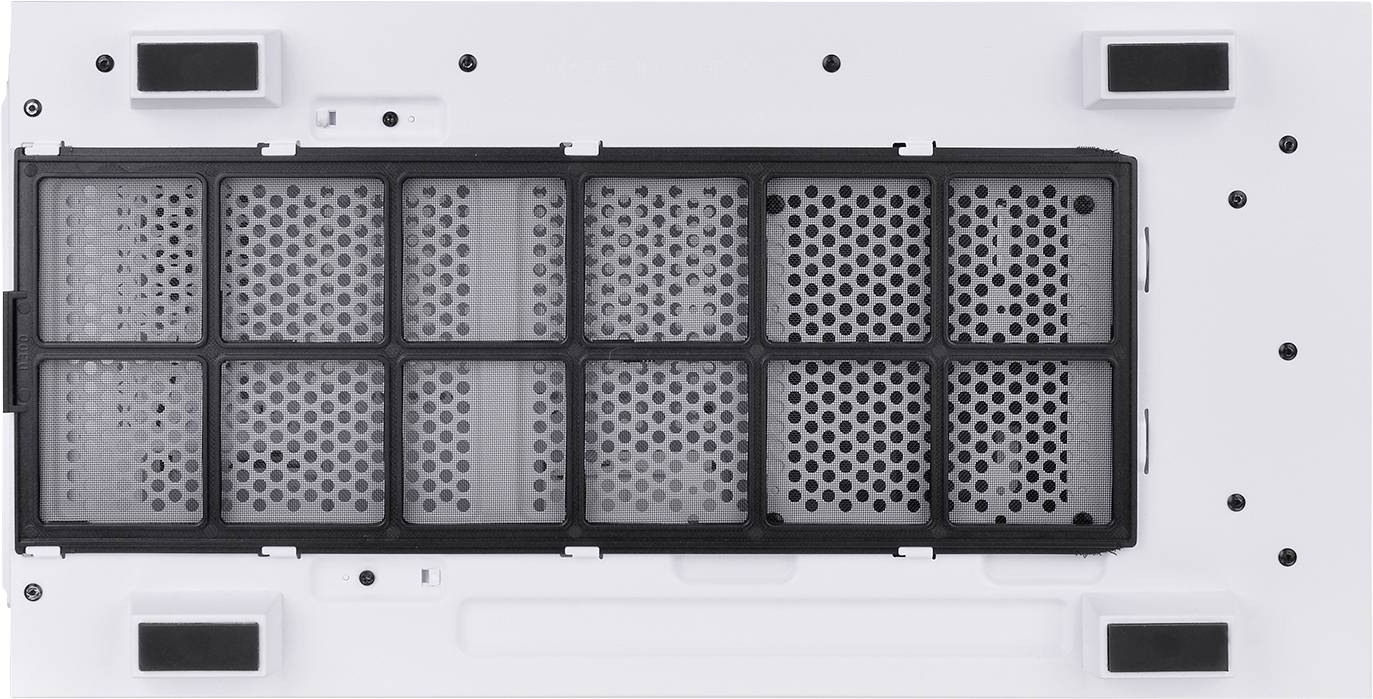 A rectangular air filter with a black frame and honeycomb-like patterns is positioned centrally on a white surface.