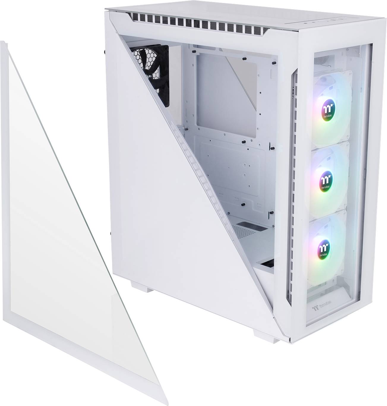 An open, white computer case with three illuminated fans at the front and a removable glass side panel.