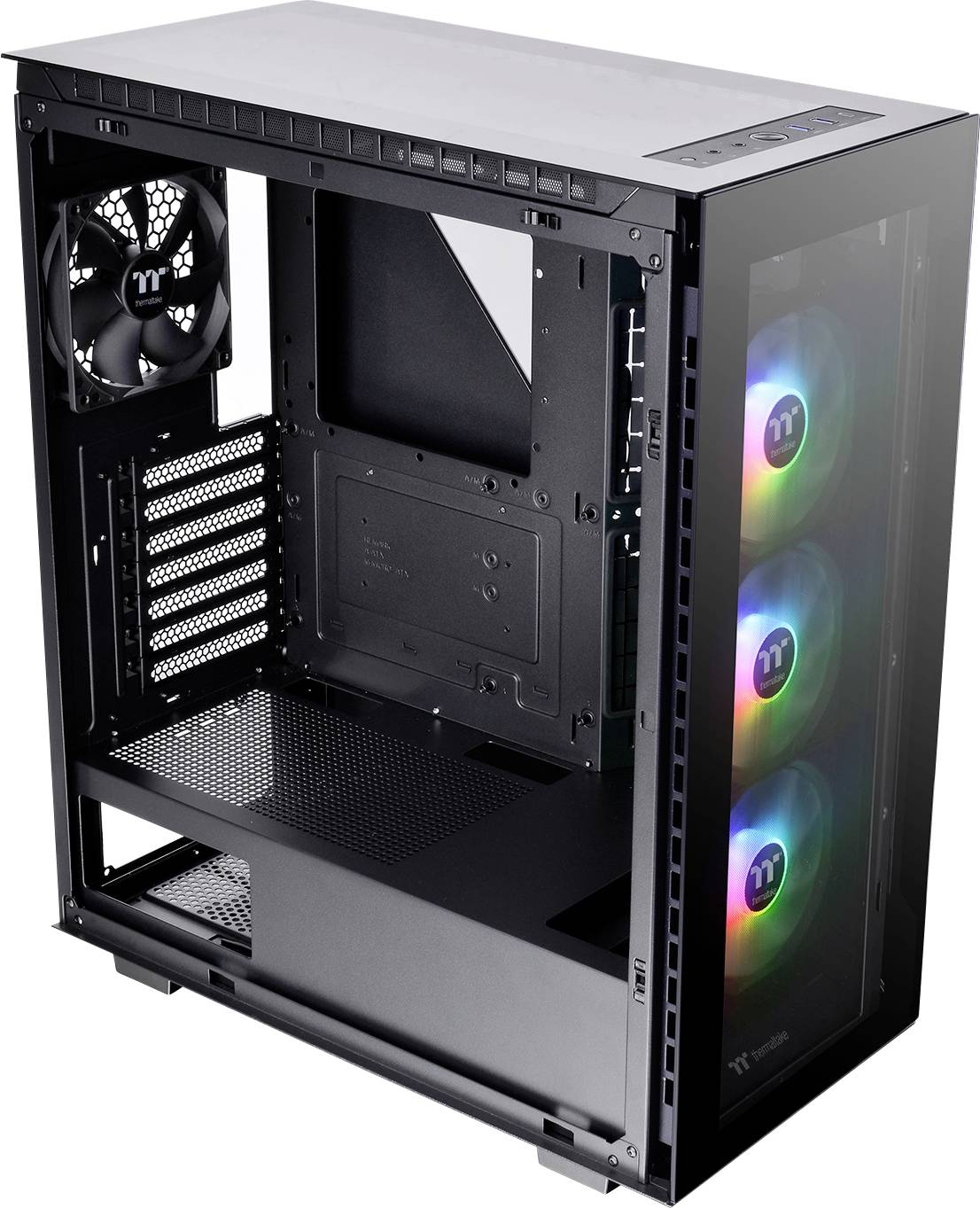 Black PC case with transparent sides, showing LED-illuminated fans at the front and a fan at the rear.