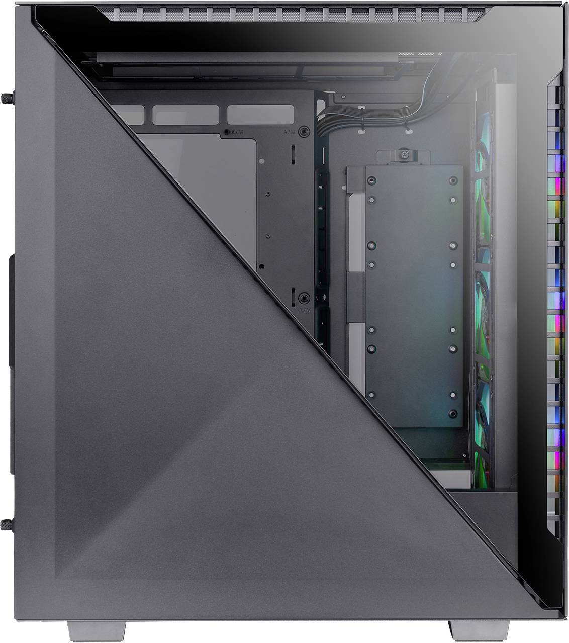 A computer case with a transparent side panel, revealing colourful LED-illuminated fans. The interior is mostly empty.