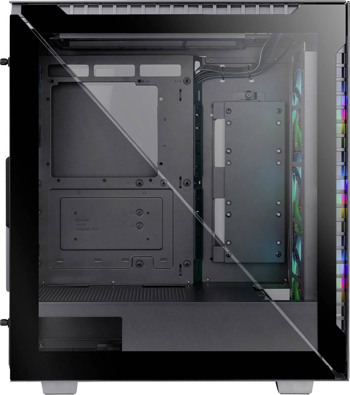 Transparent PC case with internal LED lighting, showcasing space for components and cable management.