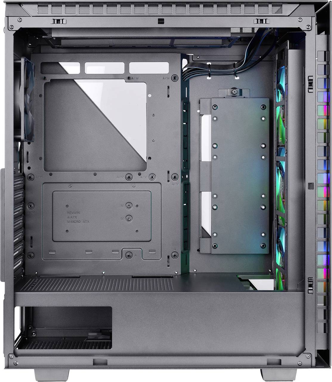 Open computer case with visible compartments for hardware installation. Three RGB fans and cable management on the right side.
