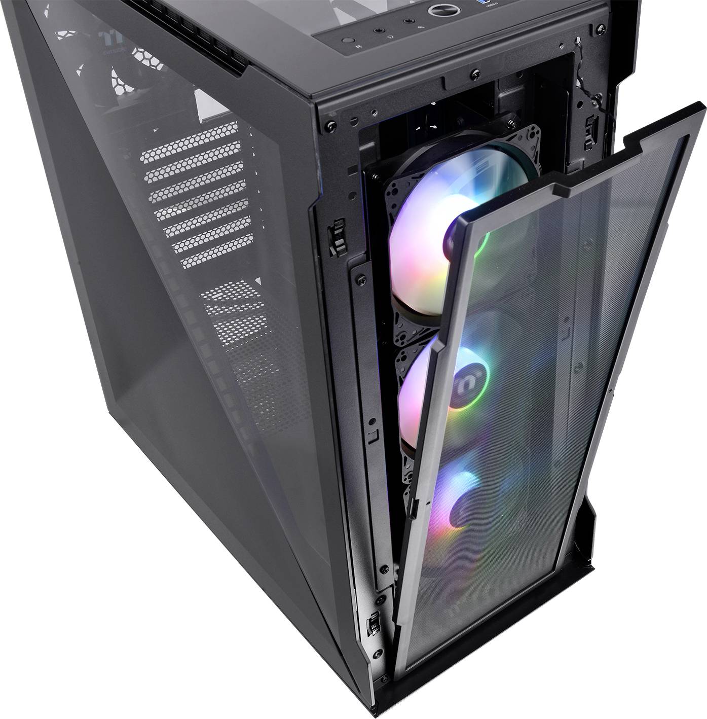Black PC case with three visible, illuminated RGB fans on the front. The side panel is open.