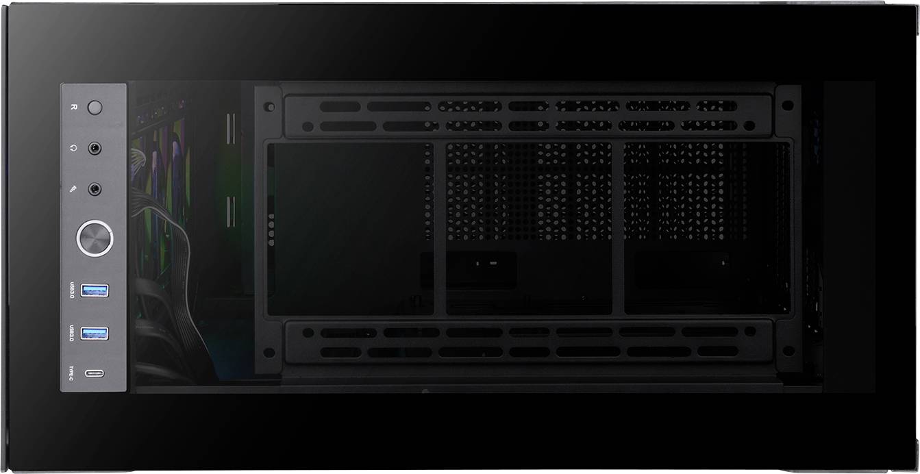 Computer case in black colour, with two USB ports and power button on the left side. The interior is partially visible.