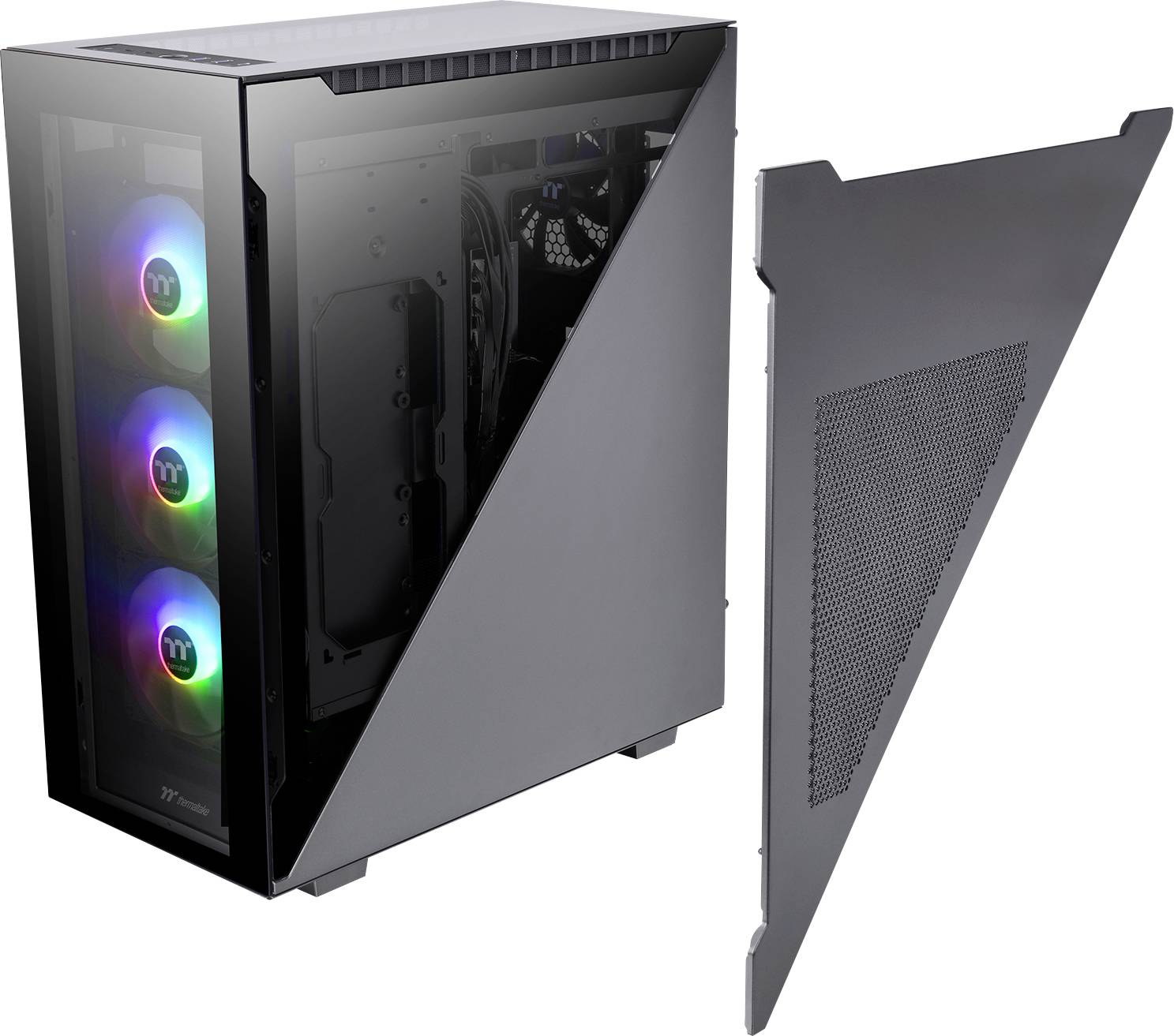 Black computer case with glass front; three illuminated RGB fans visible; side panel removed, revealing interior.