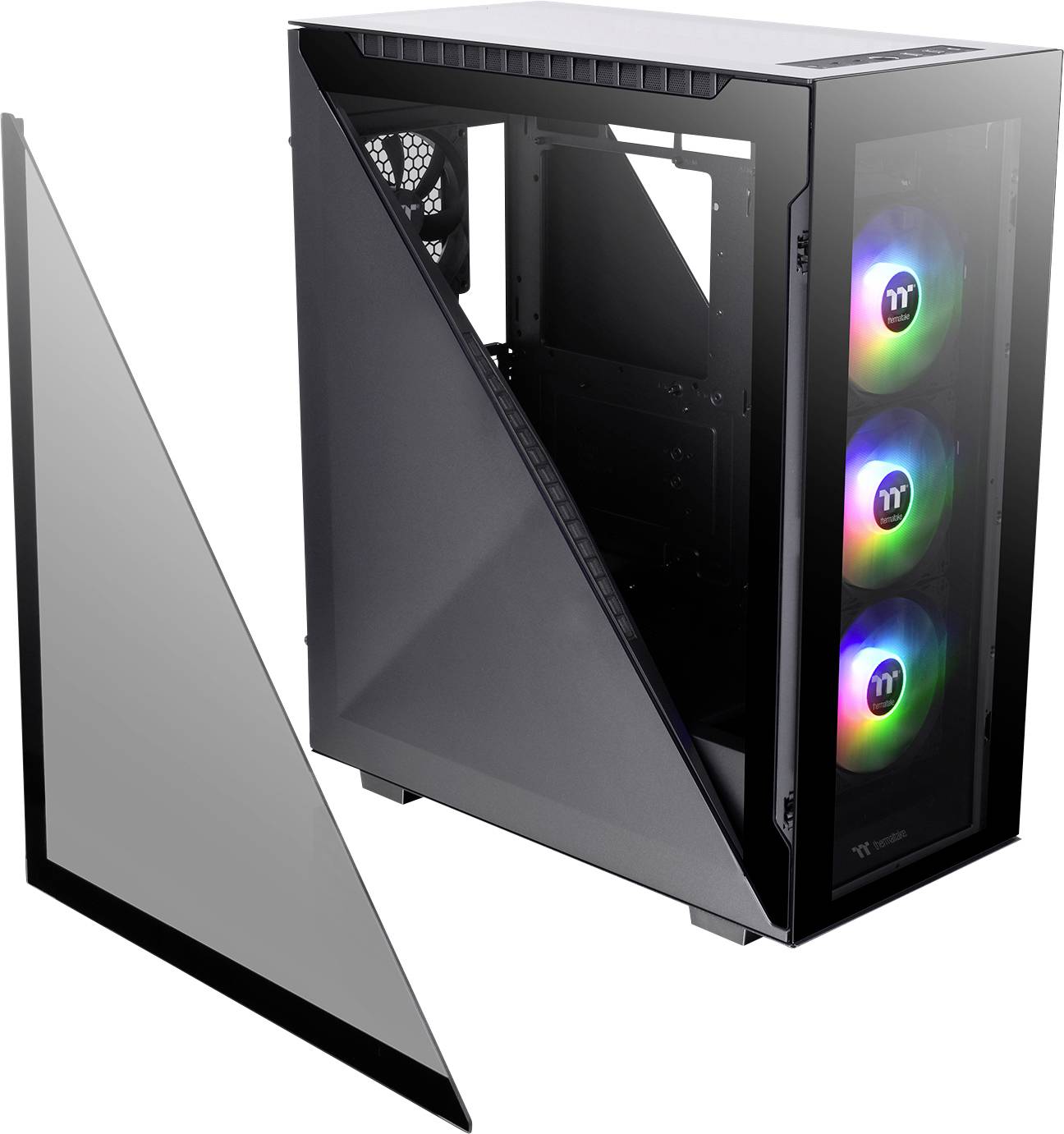 An open PC case with three illuminated fans at the front, a removed glass side panel lying beside it.