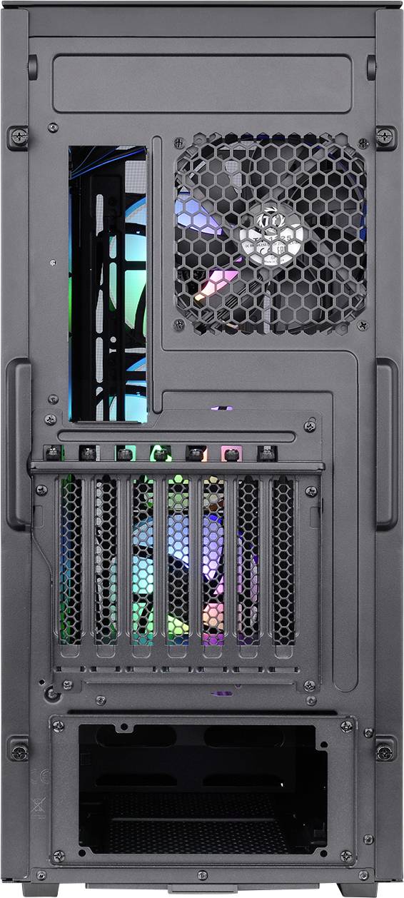 Rear view of a PC case with visible fans and RGB lighting. At the top are USB ports and audio sockets.
