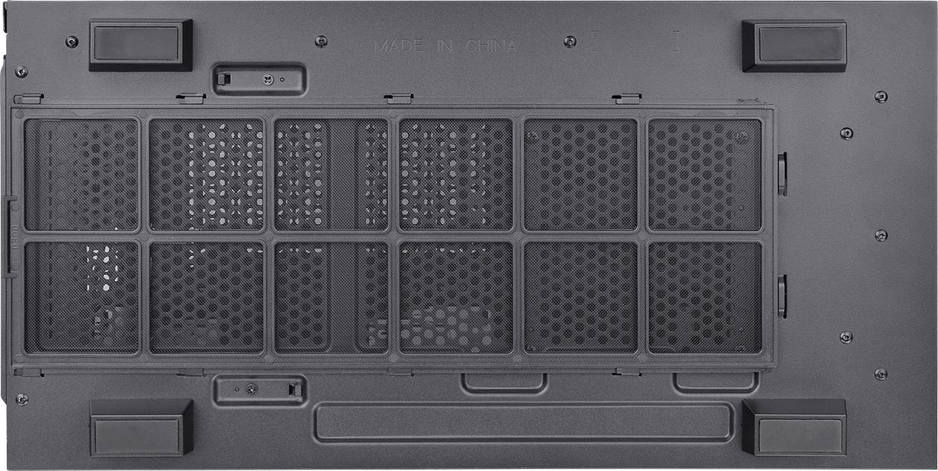 Back of an electronic device with ventilation grilles and mounting points.