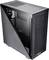 PC case with a transparent side window, black metal chassis, fans visible inside, modern minimalist style.