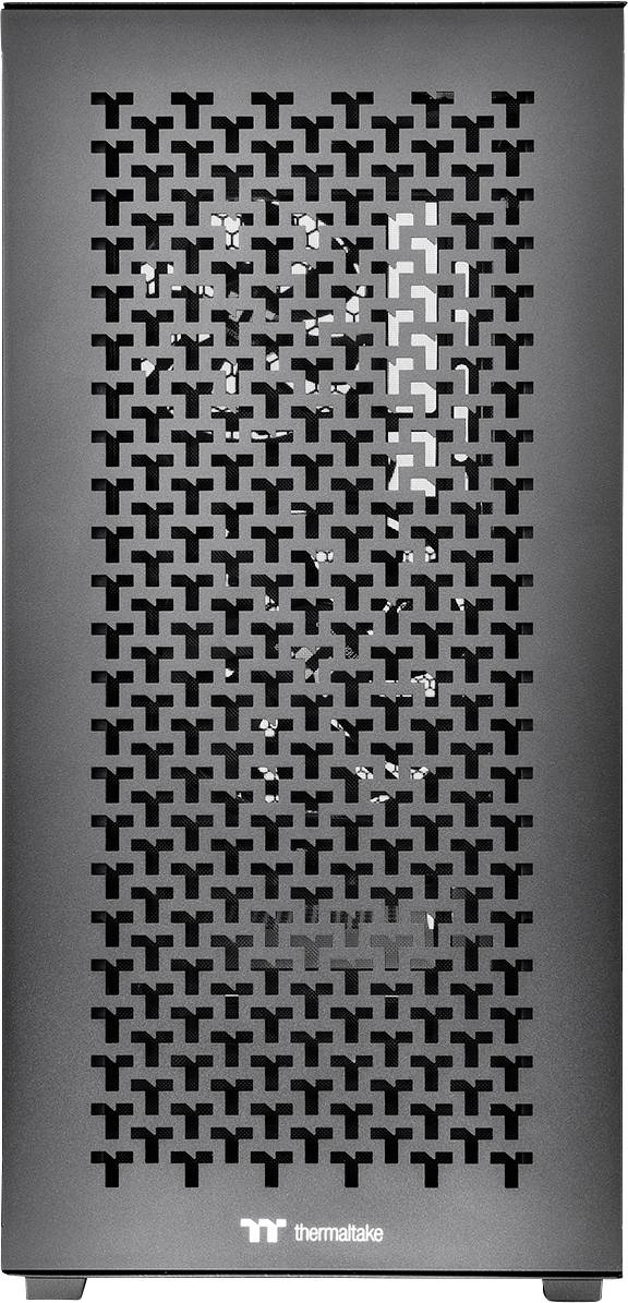 Computer case front with a mesh pattern and the Thermaltake logo at the bottom. View of fan components inside.
