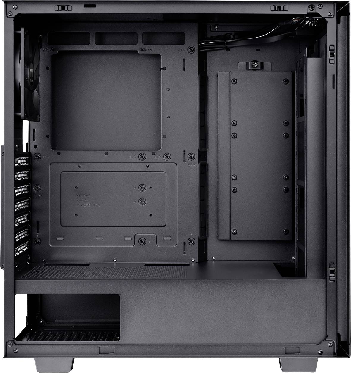 Black computer case, opened. Shows interior with space for motherboard, fans, and cable management. No components installed.