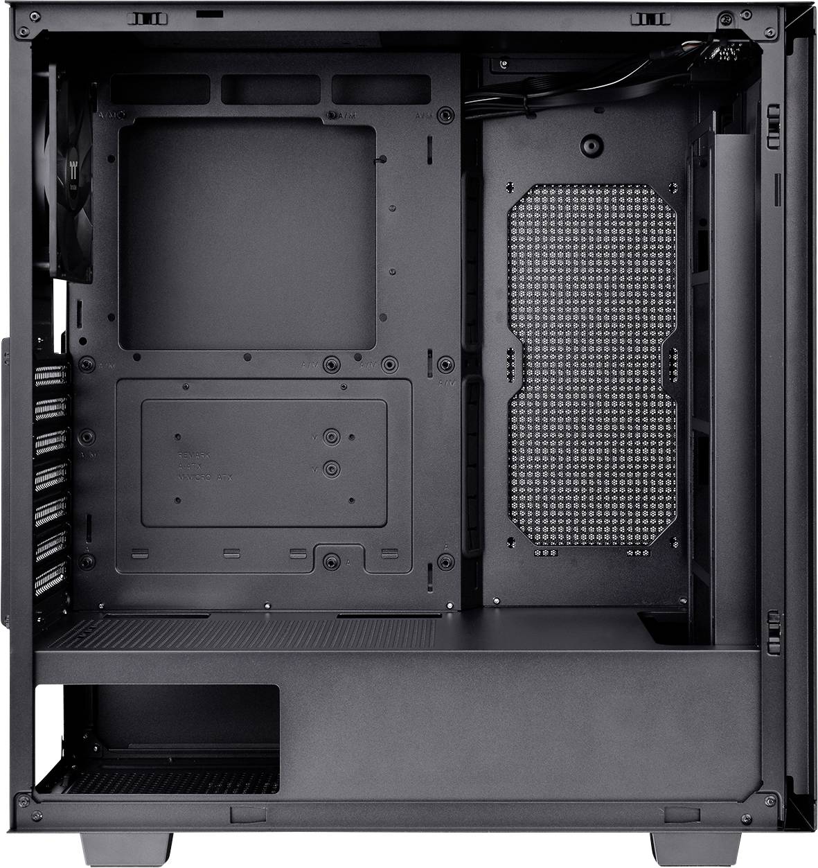 Empty computer case, black interior with space for motherboard, hard drives and fans. Cable management channels on the upper left side.