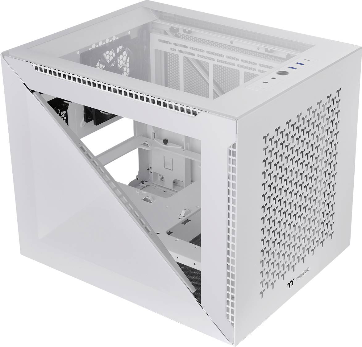White computer case with transparent side panel and ventilation openings on the top and sides.