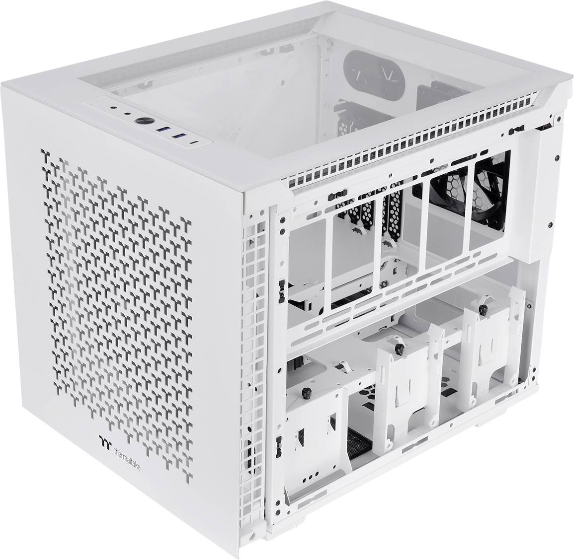 A white, cube-shaped computer case with a transparent lid. Visible fixings and ventilation openings on the side.