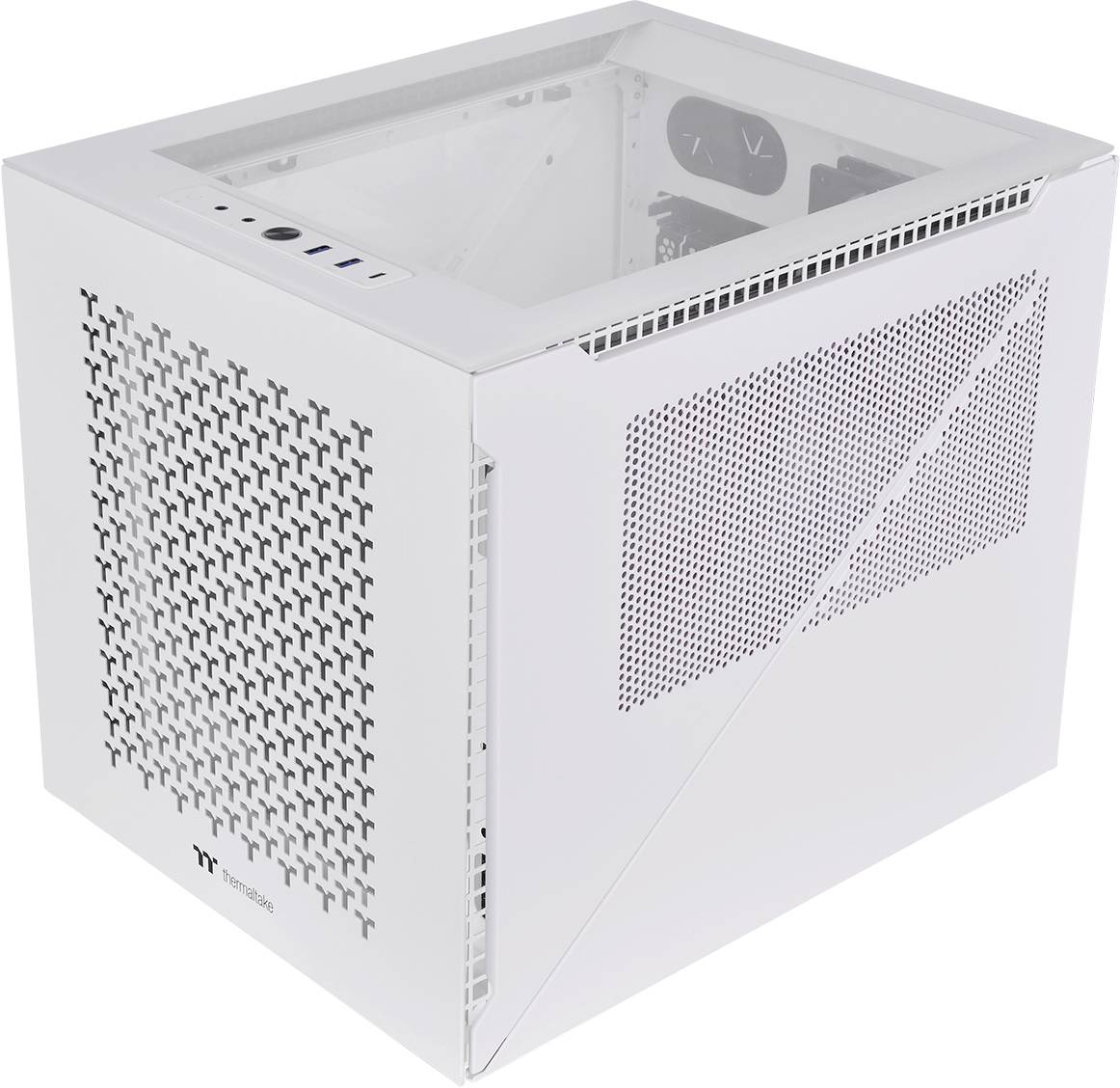 White, rectangular computer case with side ventilation and transparent top panel, suitable for PC hardware installation.