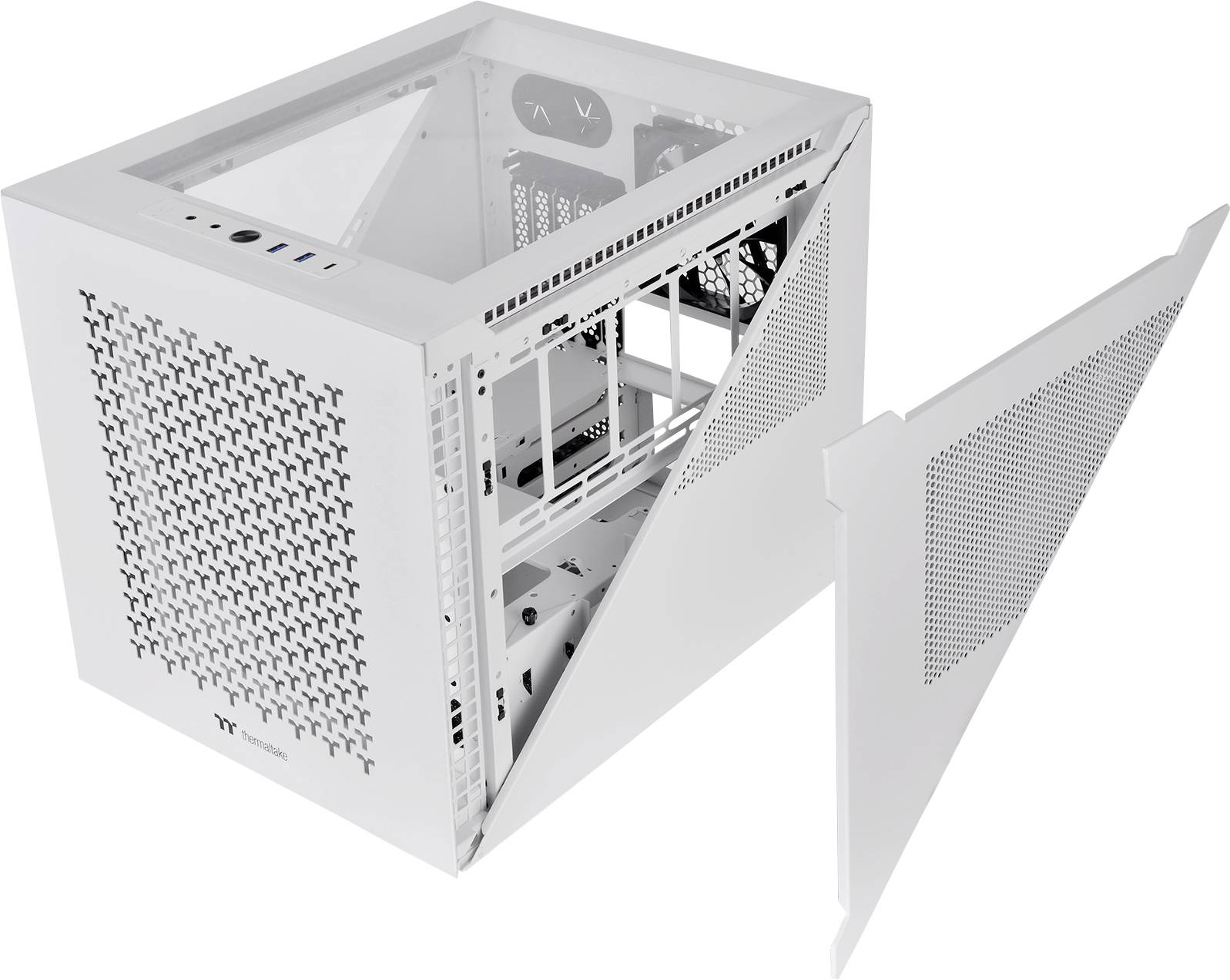 White, cube-shaped computer case with an open side panel, revealing the internal structure for hardware installation.