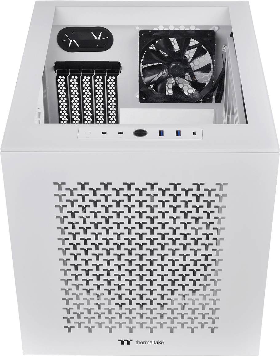 White computer tower with side ventilation, with fans, USB ports, and control elements visible on the front panel.