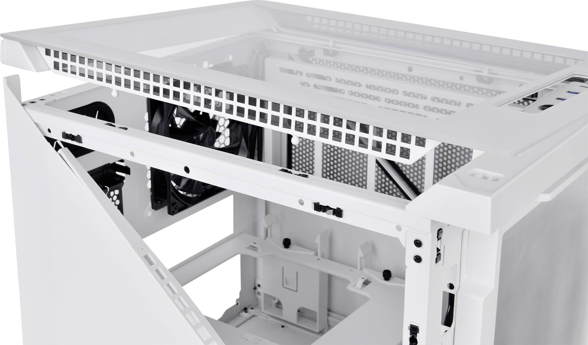 White computer case with an open side panel, revealing fans and internal frame.