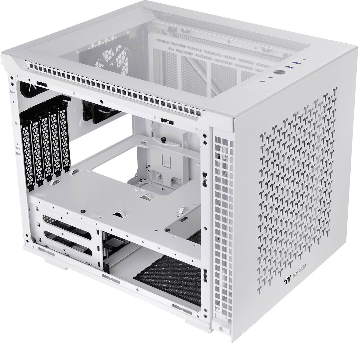 A white computer case with a transparent top panel. It reveals an open interior with multiple mounting positions for components.