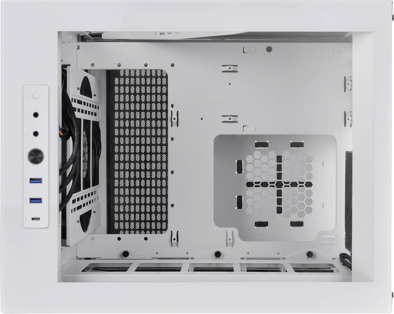 White computer case without components, showing the interior view with ventilation and cable management, highlighting hardware mounting positions.