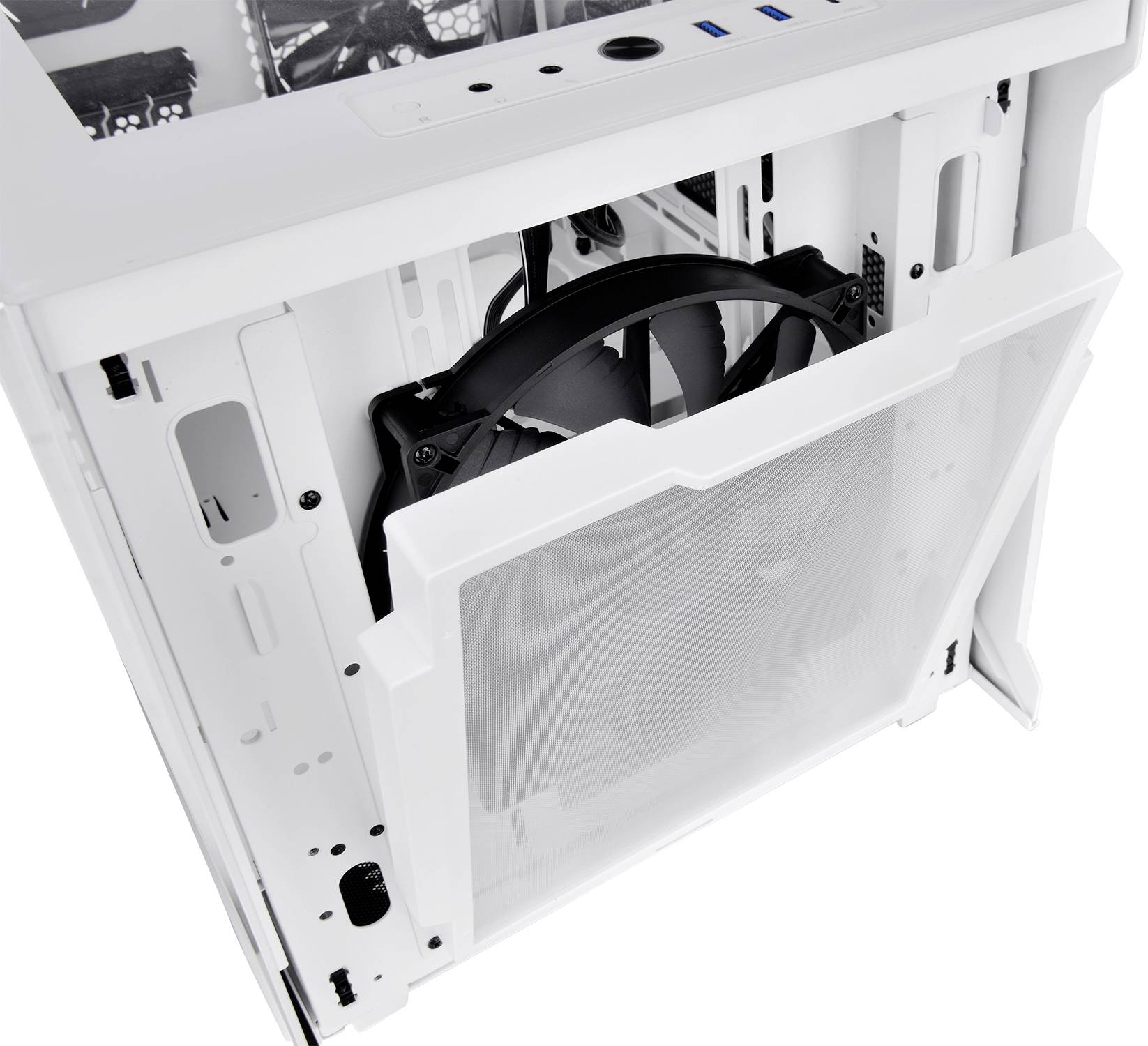 A white computer case with a large fan inside that is visibly exposed.