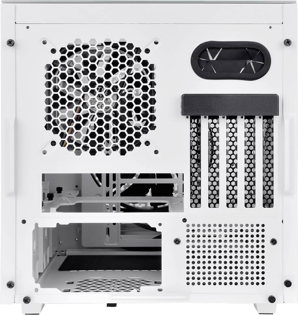 A white computer case from behind, showing fans, expansion slots, and ports.